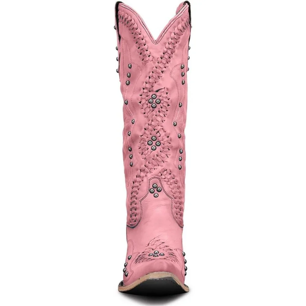 Women's Pink Leather Embroidery Knee High Western Cowgirl Boots Lightweight - Picture 3 of 4